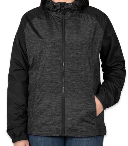 Sport-Tek Ladies Heather Raglan Hooded Full Zip Jacket - Black Heather / Black