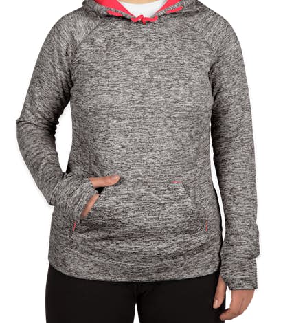 J. America Ladies Cosmic Performance Pullover Hoodie - Charcoal Fleck / Fire Coral