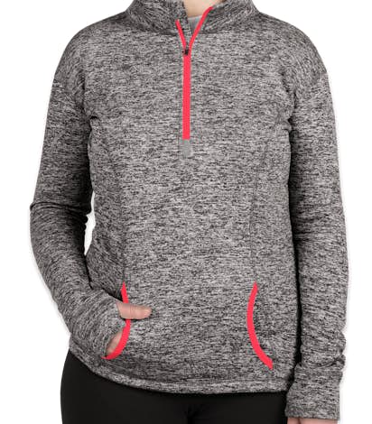 J. America Ladies Cosmic Quarter Zip Performance Pullover - Charcoal Fleck / Fire Coral