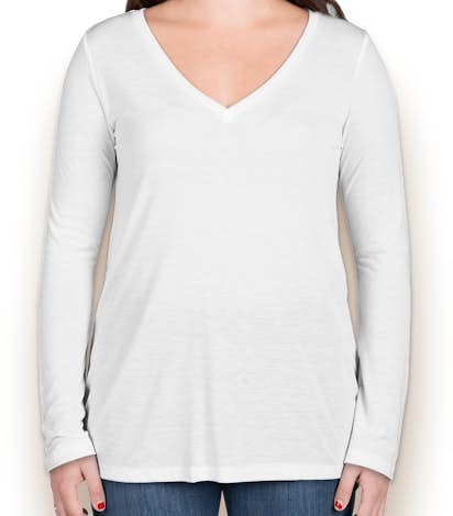 Bella Ladies Flowy Long Sleeve V-Neck T-shirt - White