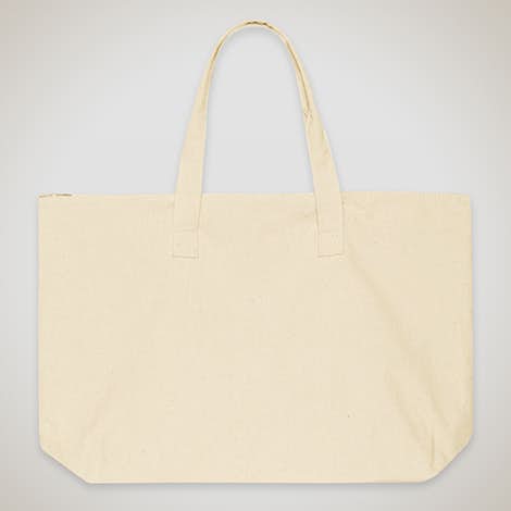 Large Wide 100% Cotton Canvas Zippered Tote - Natural